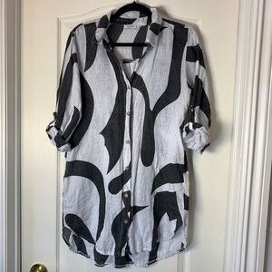 Rosemarine Made in Italy Linen Tunic Blouse White Grey Abstract Print S